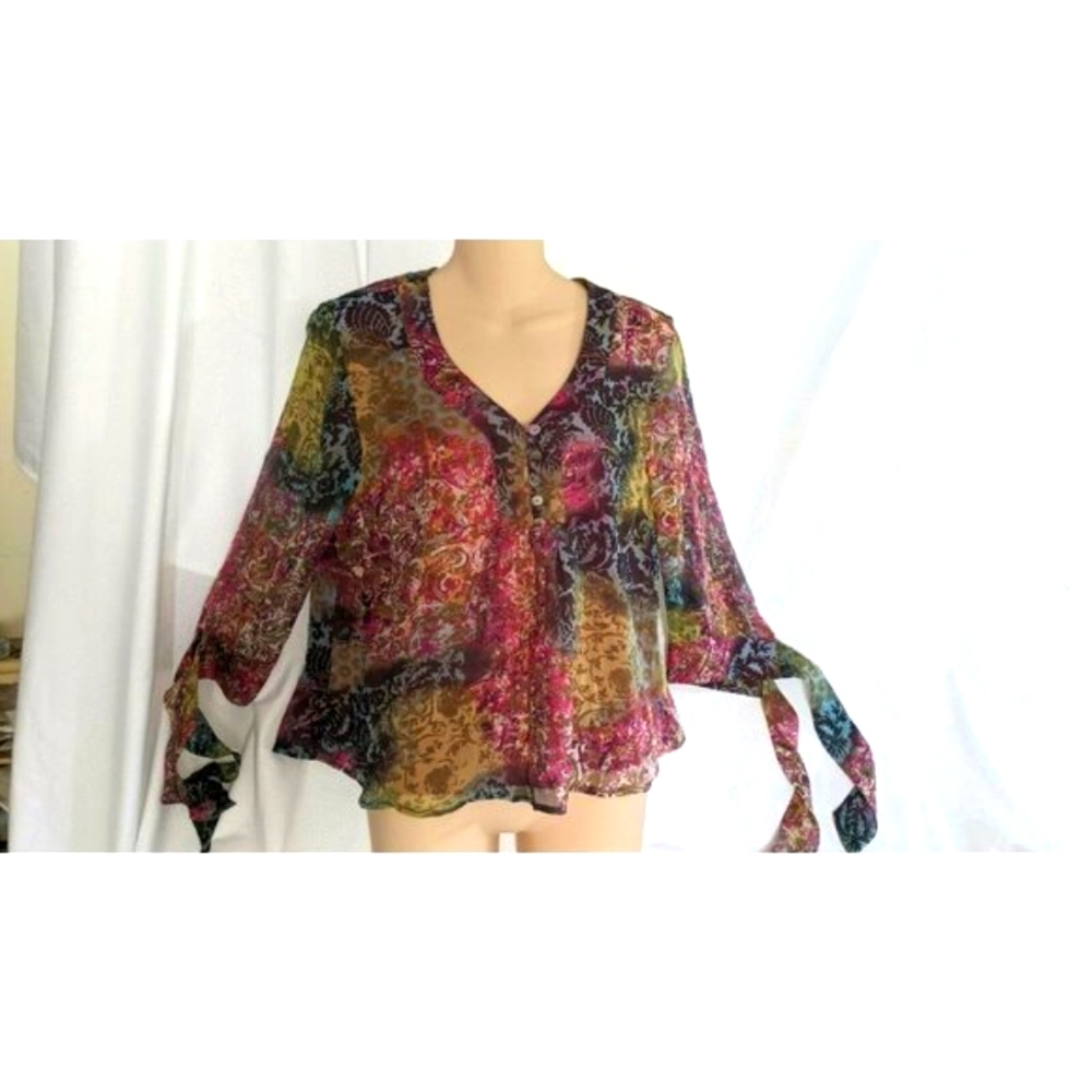 Coldwater Creek Sz PM Burgundy Floral Silk Chiffon 3/4 Sleeve Blouse BohoTop